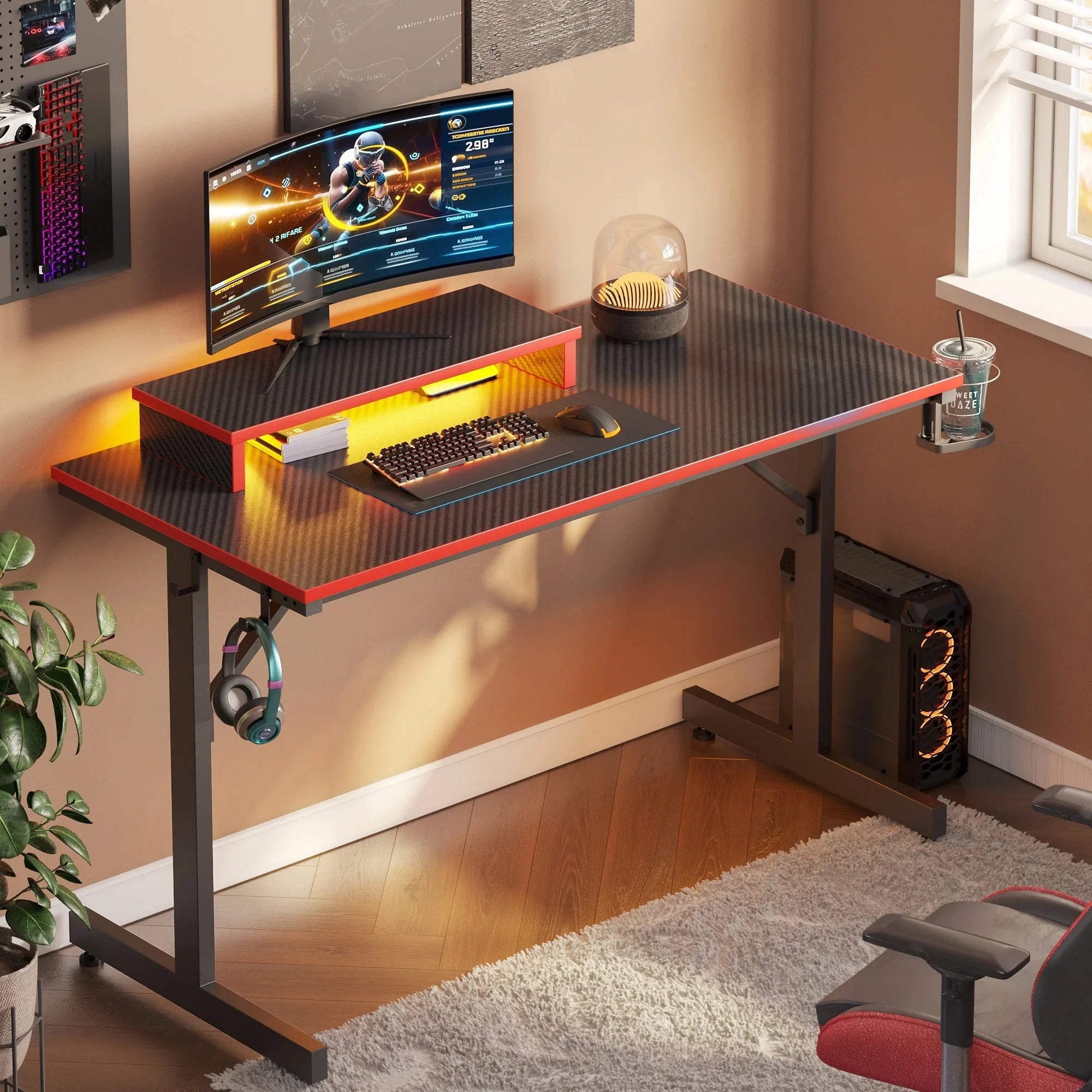 42" Gaming Desk PC Computer Office Gamer Table Desk with LED Lights & Monitor Stand in Red
