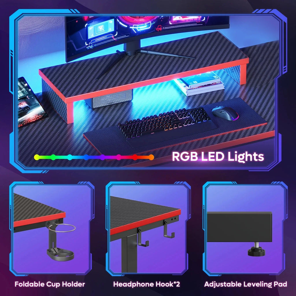 42" Gaming Desk PC Computer Office Gamer Table Desk with LED Lights & Monitor Stand in Red